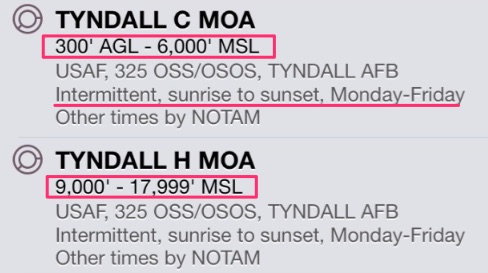 Tyndall Military Operations Area hours and altitudes