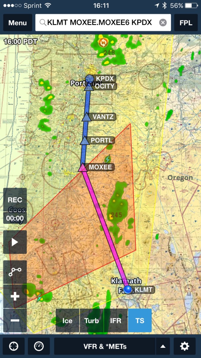 Flight plan overlaid on convective SIGMET