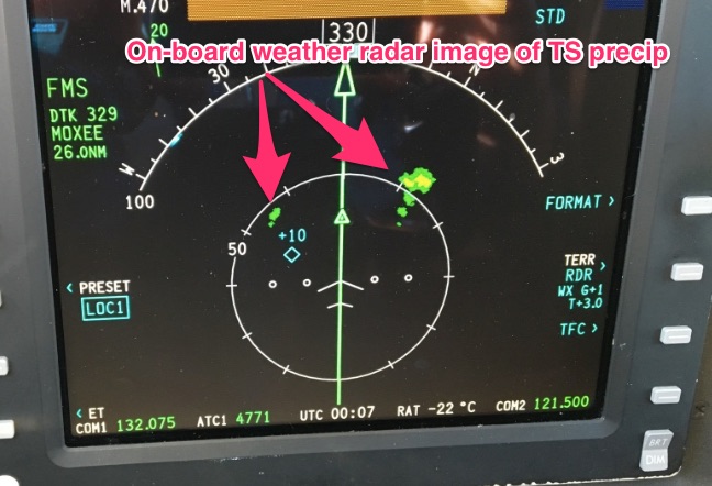 On-board weather radar image of thunderstorm precipitation