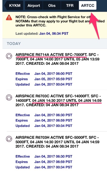 Foreflight ARTCC NOTAMs restricted area