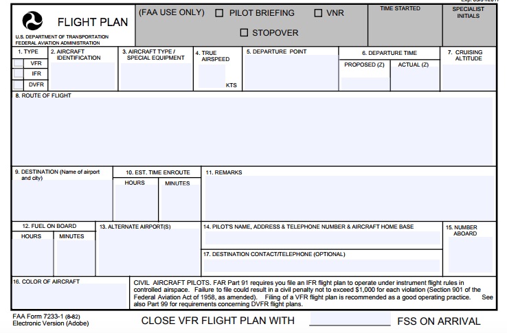 FAA VFR Flight Plan Form