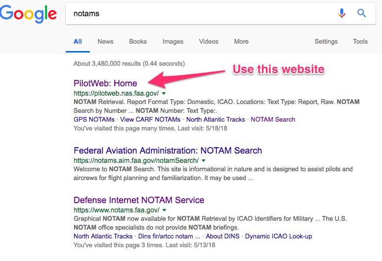 FAA's website on how to check notams